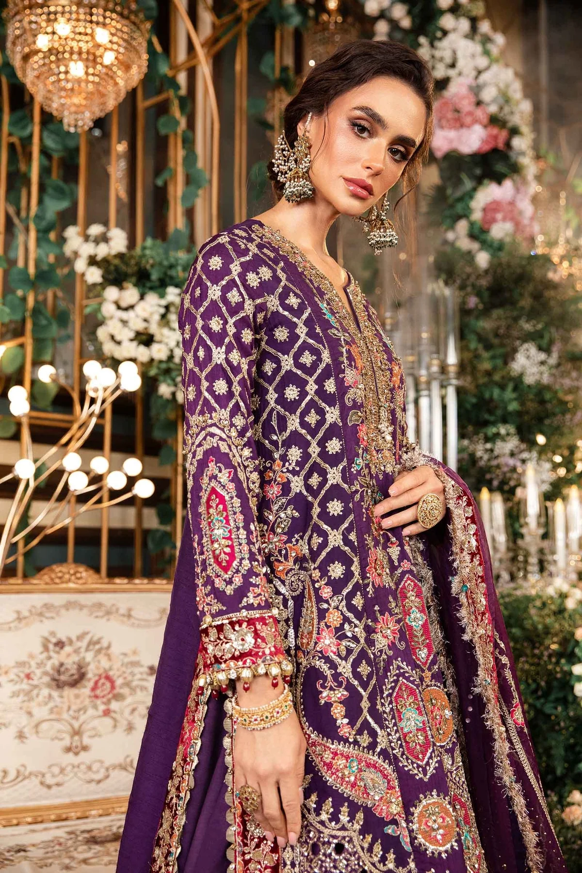 MARIA B - 3 Piece Unstitched Embroidered Raw Silk Suit - BD-2903-Purple-Default - Image 8